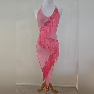 Custom-made Pink Coral Sequin Fringe Halter Bodycon Dress